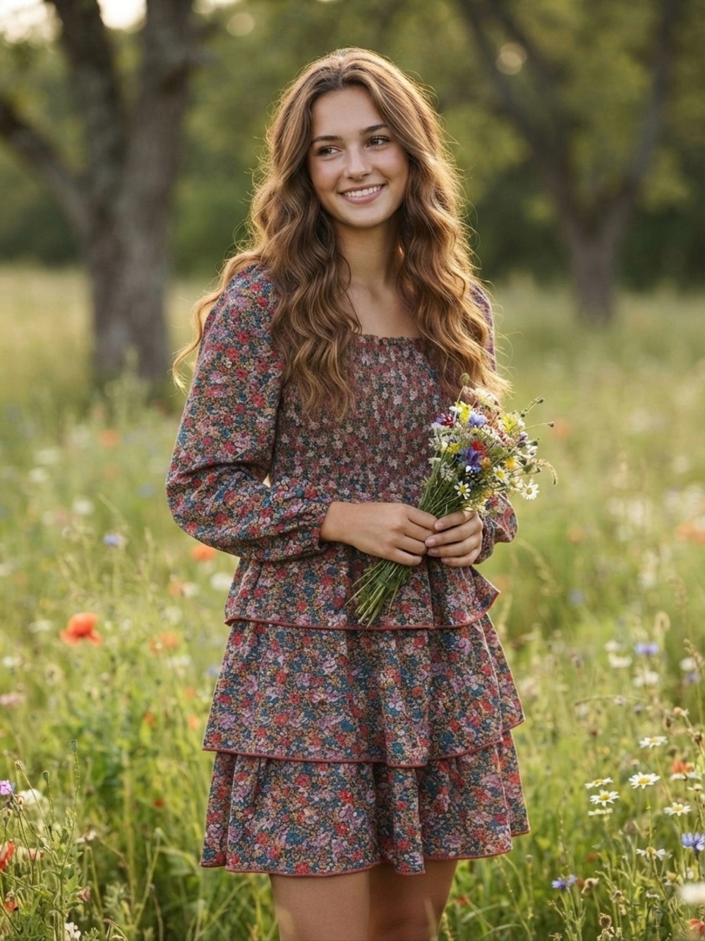 Smocked Square-Neck Tiered Floral Mini Dress - Rust Floral